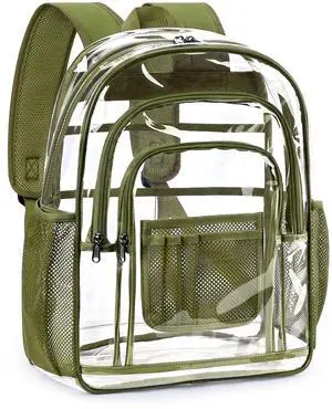 ZORFIN Clear Backpack Heavy Duty for School & Work  17in Transparent PVC Bag with Large Capacity & Reinforced Straps  See Through Bookbag for Men, Women, Boys & Girls, Workplace Security - Green