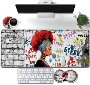 Large Gaming Mouse Pad, Extended Waterproof Desk Pad Protector (31.5" x 11.8") Ergonomics Memory Foam Mouse Wrist Rest Support, for Home Office Laptop, African American Girl Anime White XXL Mouse Mat