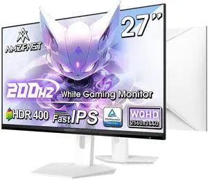 Amzfast 27 inch 1440P 200Hz/180Hz White Gaming Monitor, WQHD (2560 ×1440),MPRT 1ms Fast IPS | HDR400 & TÜV Rheinland Eye Care & Multiple Game Assistant & Two Year Warranty Exchange(HDMI & DP Cable)