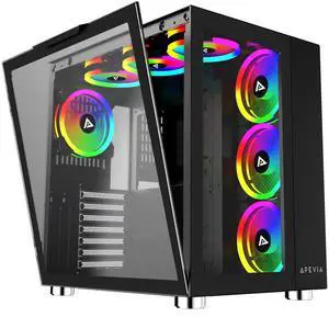 Apevia Prism-Elite-BK Prism Elite Mid Tower ATX Gaming PC Cube Case w/ 7X 120mm PWM ARGB Fans, 366 RGB Modes, Dual Tempered Glass Panels, 360mm Radiator Support, 2X USB3.0, 2X USB 2.0, Black
