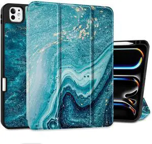 MEEgoodo Case for M4 iPad Pro 11 inch Case 2024, Tablet Cover with Trifold Stand & Pencil Holder & Auto Wake/Sleep & Soft TPU Back Cover, Abstract Ocean