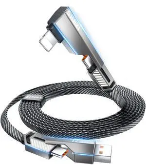 SHEZI 4-in-1 [Upgraded] USB C Cable 10FT Compatible with Lightning Cable 90 Degree, Long Fast Charging Flat Nylon Braided for iPhone 16/15 Charger Cord, Multi Charging Combo with L/USB C/USB A Ports