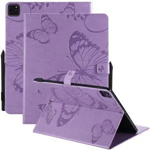 Dteck Wallet Case for iPad Air 13 Inch M2 2024 & iPad Pro 12.9 2022/2021/2020/2018 with Pencil Holder,Embossed Butterfly Auto Sleep/Wake PU Leather Smart Stand Girls Cute Folio Pocket Cover,Purple