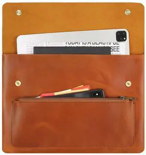 Genuine Leather Sleeve for 13/14/15-in MacBook Pro & MacBook Air, Slim Protective Laptop Case, Folio Document Organizer Leather Folder Portfolio-Brown