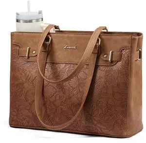 LOVEVOOK Laptop Tote Bag for Women Work, Teacher Tote Bag Nurse Bag with Large Cup Holder, 15.6 Inch Waterproof Leather Computer Bag Professional Business Office Briefcase, Brown-print