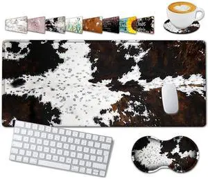 Large Gaming Mouse Pad, 31.5x11.8 in Extended Computer Mouse Mat with Non-Slip PU Base, Ergonomic Memory Foam Keyboard Wrist Rest, for Work & Gaming, Black and White Cow Fur Office Desk Pad
