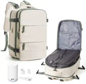 VENATIN Vacuum Backpack Travel with Pump for Women,Flight Approved 18x14x8 inches,Travel Backpack with Vacuum System,15.6 Inches Laptop Bag,Rice White with Green