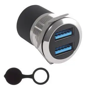 Duttek Dual Ports USB Panel Mount Connector, IP67 USB 3.0 Coupler Female to Female Pass Through Adapter with Water/Dustcap Support Data Transfer and Charging for Car, Motorcycle (Silver)