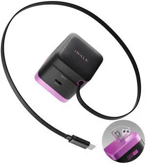 iWALK 65W GaN Charger with Built-in Retractable USB-C Cable, 2 Devices Mini Travel Fast Charging Foldable Wall Charger for MacBook Pro, iPad Pro, Airpods, iPhone 16/15 Pro Max And More