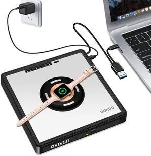 BUNUD USB Superdrive for Apple: USB-C CD Burner with 15W Fast Wireless Charger for Apple Watch Series - Portable External DVD Player for Laptop Mac Windows Plug and Play with 3 USB Ports/SD/TF