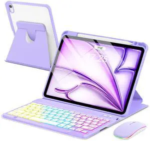 EAMPANG Case with Keyboard Mouse for iPad Air 11 inch M3 M2/ Air 10.9 5th 4th Generation,Rainbow Backlit Detachable Keypad Rotatable Magnetic Cover with Pencil Holder for iPad Air 4 5 6 7 Gen Purple