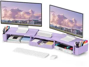 OPNICE Purple Desk Organizers and Accessories, Dual Computer Monitor Stand Riser with Drawer and 2 Pen Holders, Office Desk Accessories, Workspace Desktop Organization for Office Supplies