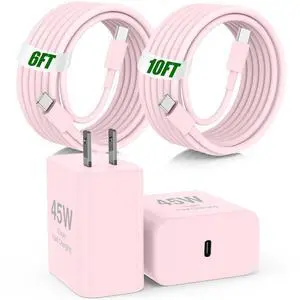 45W USB C Fast Charger for iPad Pro 13(M4)/iPad Pro 12.9/11 in 2025-2018,iPad Air M3/M2/5th/4th,iPad 11th A16/10th/Mini 7,iPad Charger Fast Charging Charger Block with 10/6FT C to C Cable-Pink