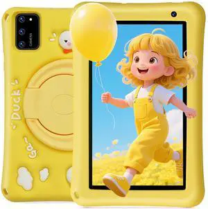 BISAIKASOW Kids Tablet 7 inch, Android 13, 8GB RAM 64GB ROM Expandable, Octa-Core, 5800mAh Battery, Parental Control, WiFi, Dual Camera, Preloaded Educational Apps, with Drop-Proof Case (Yellow)