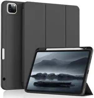 SQQSOOZ Case for iPad Pro 11 4th Gen 2022/3rd Gen 2021/2nd Gen 2020 with Pencil Holder, Support Pencil Charging, Soft TPU Back Cover, Three-Stage Folding Support, Auto Sleep/Wake, Black