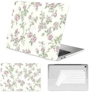 Seorsok Compatible with MacBook Air 13 Inch Case 2022 2021 2020-2018 Release A1932 A2179 M1 A2337,Cute Flower Branch and Vintage Purple Rose Design Plastic Hard Case&Transparent Keyboard Cover,Beige