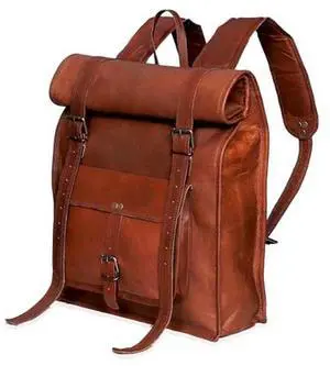 cuero Handmade Genuine Vintage Leather Backpack for Men Camping Travel Rucksack Bag Full Grain Goat Leather Casual Laptop Work Backpack For Men and Women Roll Top Backpack Brown