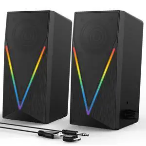 Computer Speakers, Desktop PC Speakers with 6 Colorful RGB Lights, Headphone Jack, Enhanced Bass and Volume Control, USB Powered & 3.5mm Aux Gaming Speakers for Laptop Monitor PC Tablet Phone