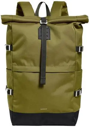 Sandqvist Men's Icon Large Rolltop Backpack, Olive Drab With Black Leather, One Size