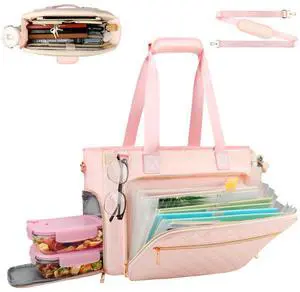 ahzske Lunch Work Tote Bag for Women with Accordion File Organizer Pocket, 3 in 1 Daily Tote Bag with Insulated Lunch Compartment& 15.6 Inch Laptop Compartment for Business Teacher Nurse (Pink)