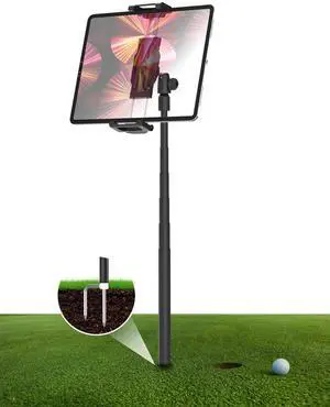 FreeSave Golf Monopod Tablet Stand with Ground Spike Stakes, Quick-Set 360° Metal Foldable Tablet Mount for Outdoor Use, Fits iPad Pro/Air/Mini, Galaxy, 6.1-15.6" Devices and Thick Cases [Up to 1.18"]