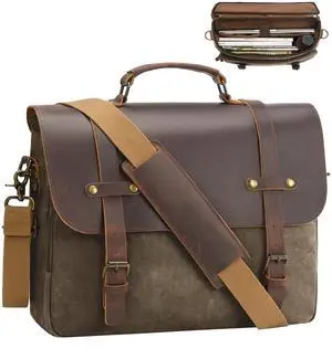 Men's Messenger Bag Waxed Canvas Briefcase 15.6 Inch Vintage Genuine Leather Laptop Computer Bags Waterproof Satchel Shoulder Bag for Work/Office Men's Messenger Bag Waxed Canvas Briefcase 15.6 Inch Vintage Genuine Leather Laptop Computer Bags Waterproof Satchel Shoulder Bag for Work/Office