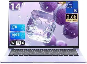 AIERXUAN 14" 2.8K FHD Slim Laptop, 8 Cores i5-12450H (Up to 4.4 GHz) 16GB DDR5 1TB NVMe SSD, 1.1kg Lightweight Laptops, 65W Fast Charge, USB4/WiFi 6, Fingerprint & Privacy Camera (Purple)