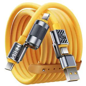 Vexipia 4 in 1 USB C Cable 45W 5FT Fast Charging & Data Transfer, Thicker Silicone Multi Charger Cord for iPhone iPad Charger Wire Combo with L/Type C/USB A for iPhone 16/15/Macbook (Yellow)