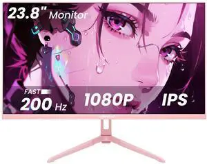 SKitphrati Pink 24 inch Gaming Monitor 200Hz Refresh Rate FHD 1080p Resolution Fast IPS Panel 1ms GTG Response Time Adaptive Sync Built-in Speakers Pink Monitor