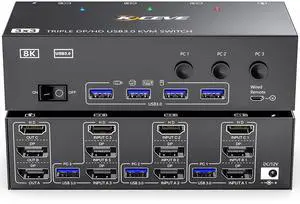 KVM Switch 3 Monitors 3 Computers 8K@60Hz, MLEEDA HDMI + 2* Displayport Triple Monitor KVM Switch,3 Monitor KVM with 4 USB 3.0 Ports for Keyboard Mouse Printer, Wired Remote and Power Adapter Included