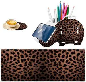 Mouse Pad Set, Large Mouse Pad (31.5 "x11.8)+ Elephant Pen Holder + Coaster Combination, Non-Slip Base, Gamer Table Pad, Suitable for Office and Home - Leopard Print