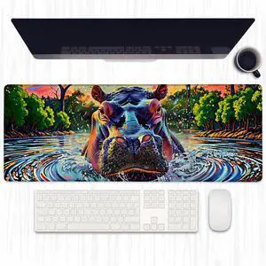 Ti Caldi Colorful Hippo Gaming Mouse Pad, Extended Vibrant Wildlife Desk Mat Computer Laptop Mousepad, Robust Stitched Edges, 31.5"×11.8" Large Office Keyboard Mouse Pads for Home Desktop Decor