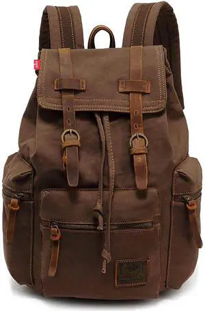 HuaChen Vintage Canvas Backpack, Casual Daypack Travel Rucksack with Leather for Men Women, 14 Laptop Compartment & Hidden AntiTheft Pocket, Hiking/School - M32 Coffee