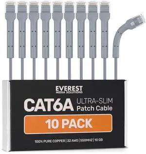 Everest Ultra Slim Cat6a Ethernet Patch Cables 2ft (10-Pack) Gray - 10GB Cat 6a Patch Cable - Bendable, Flexible & Thin Ethernet Cable - Space Saving 32AWG 550MHZ Cat6a Cables - 100% Copper Wires