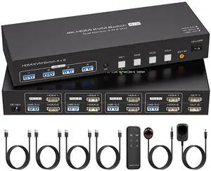 ATLAHET HDMI KVM Switch 4 Computers 2 Monitors 4K 60Hz 2K 120Hz 4 Port Dual Monitor KVM Switches for Four PC Share 2 Monitor and 4xUSB 3.0 Devices with Remote Cntrol, USB Cables and Power Adapter