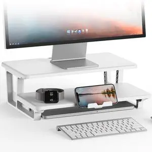 Doowiit White Monitor Stand Riser 2 Tier, monitor stand for desk with Phone Holder and Cable Management -2 Tiers Monitor Riser, TV Riser Stand