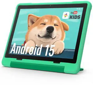 UEMXDOX Kids Tablet, 2025 Android 15 Tablet for Kids Age 3+, 8GB+64GB, Expandable to 512GB, 10" Touch Screen with Case, WiFi 6, BT5, Pre-Installed Parental Controls, Kids Space, Family Link (Green)