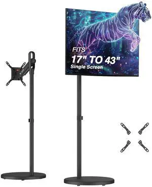 AVLT Single 17"-43" Inch Portable Monitor Arm TV Rolling Stand With Heavy Base for Screens Up to 22 lbs, Mechanical Spring Height Adjustment, Screen Rotation, Low Profile Base with Caster Wheel, Black