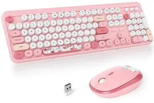 Fogruaden Wireless Keyboard and Mouse Combo, Pink Retro Typewriter Keyboard, 2.4GHz Full Size Round Keycap Cute Computer Keyboard with Number Pad, Pink Colorful Keyboard for Windows PC Laptop(Pink)