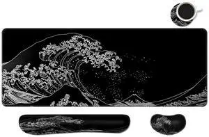 MIBITRI Keyboard Mouse Pad Set, Extended Gaming Mouse Pad+Ergonomics Keyboard Wrist Rest Support, Memory Foam, Easy Typing Pain Relief, 4Pcs XXL Ultra Thick Desk Mat, Japanese Wave