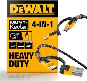DEWALT Heavy Duty 4-in-1 Cable, Type C/MicroUSB/USB Cables for iPhone 17/16/15 iPad, USBC All in One Charging Cable, HTC, LG, Samsung Galaxy, Android, iPad Pro, Micro-to-C Charger Cables (6ft, Black)