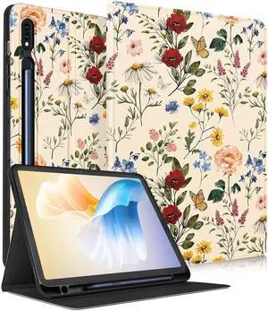 Wazzasoft for Samsung Galaxy Tab S9 Plus Case 12.4 Inch 2023 Women Girls Cute Folio Cover with Pencil Holder Kawaii Design Girly Flower Floral Pretty Unique Tablet Case