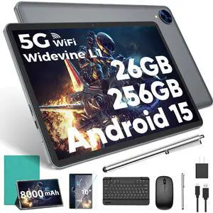 Android 15 Tablet with Keyboard, 26GB RAM, 256GB ROM(2TB Expand), 10.1 inch Octa-Core Tablets, 5G/2.4G WiFi, 8000mAh Battery, BT 5.0, GMS Certified, with Mouse, Case, Stylus, Split screen(Green Case)