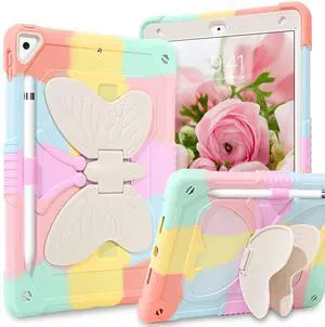 YINLAI for iPad 9th Generation Case,iPad 10.2 Inch Case,iPad 8th 7th Generation Case,iPad Air 3 Case Girls Kids Women Butterfly Kickstand Shockproof Protective Cover with Pencil Holder,Colorful Pink