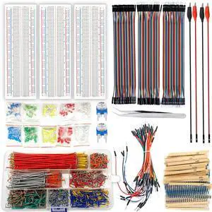 Minidodoca 3Pcs 830 tie Points breadboards,560Pcs U-Shape Jumper Wires,4Pcs Alligator Clip Test Leads,120Pcs 20cm Dupont Cables,65Pcs Breadboard Wires,200Pcs Light Emitting Diode, 600Pcs Resistor Kit