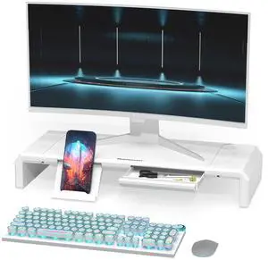 Heymaster Monitor Stand Riser, Foldable Computer Monitor Riser, Adjustable Length Computer Stand, Desk Shelf Riser with Storage Drawer &Tablet Phone Stand for Desktop, Laptop