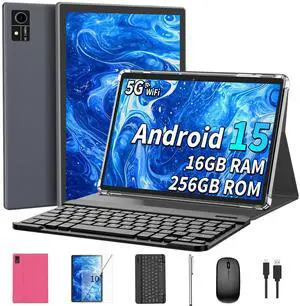 Android 15 Tablet with Keyboard, 16GB8+8RAM+256 Storage(Expand to 2TB), 8000mAh Battery, Widevine L1,10 Inch Tablets with 5G/2.4G WiFi, BT5.0, GMS Certified, with Mouse, Case, Stylus (Pink Case)