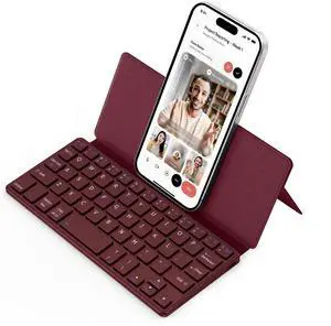 CACOE Wireless Keyboard with Stand, Mini Keyboard for Cell Phone, Ultra-Slim Portable, Foldable, Dual-Channel QWERTY with Stand Holder for Smartphone and More iOS Android Windows, Wine Red