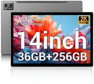 POWMUS 2025 Tablet 14 inch Android 14 Tablets, 2K Display, 256GB Storage(Expand to 1TB),36GB(12+24) RAM, 11580mAh Battery 8 Core CPU,4 Speakers, 5GHz WiFi Tablet with Case-Gray