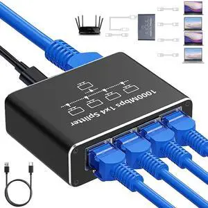 Gigabit Ethernet Splitter 1 to 4, 1000Mbps RJ45 Network Ethernet Switch Network Hub, LAN Internet Splitter Adapter for Cat 5/5e/6/7/8 Cable[ 4 Devices Networked Simultaneously